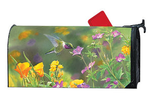 MailWrap of hummingbird hovering while drinking nectar from purple wildflowers and poppies