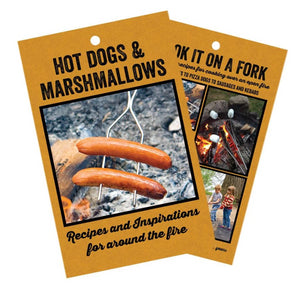 Front and back brown cover of the book entitled Hot Dogs & Marshmallows: Recipes and Inspirations For Around The Fire