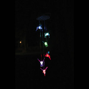 Hummingbird Painted Solar Mobile Windchime with all rainbow colors lit at night