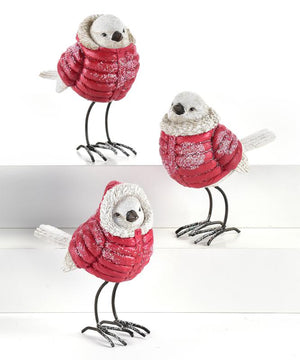 White Snow Bird Figurine in Red Puffy Coat, Choose from 3 Assorted Designs
