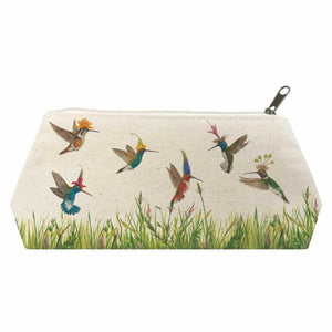 Meadow Buzz Canvas Cosmetic Bag decorated with Hummingbirds MEDIUM:  9.75″ x 4.75″ x 3″
