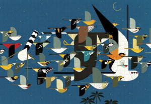 Flat Artwork of the assembled Charley Harper: Mystery of the Missing Migrants 1000-piece Jigsaw Puzzle