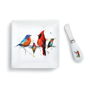 Dean Crouser Set of Little Birds Plate with matching Spreader both featuring the watercolor artwork of artist Dean Crouser