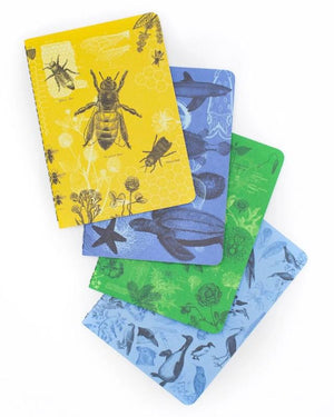Research Series Life Science Pocket Notebooks Set of 4 designs include colors bumblebee yellow, ocean blue, sky blue and grass green