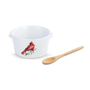 Spring Cardinal Appetizer Bowl with Bamboo Spoon featuring watercolor artwork by artist Dean Crouser