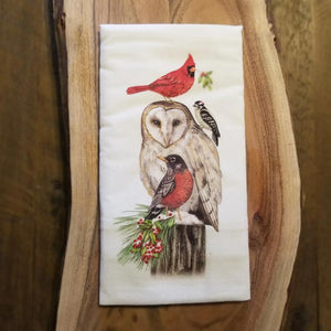 Owl, Cardinal, Robin, Woodpecker on Post