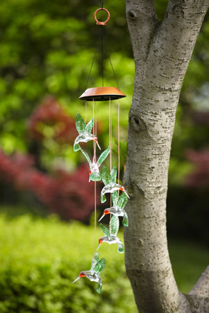 Hummingbird Painted Solar Mobile Windchime hanging from tree