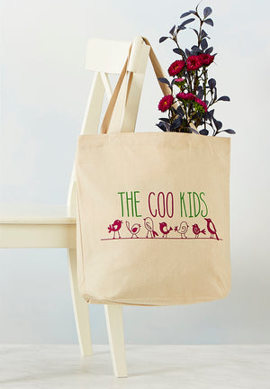 Full image of Cotton Tote Bag that reads "The Coo Kids" with image of birds on a wire