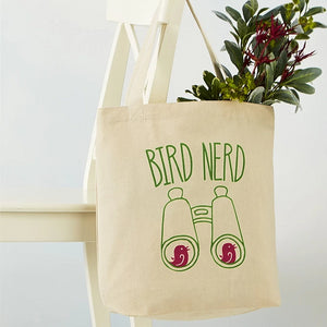 Cotton tote bag that reads "Bird Nerd" and features an image of binoculars