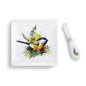 Dean Crouser Set of Chickadee & Ferns Plate with matching Spreader both featuring the watercolor artwork of artist Dean Crouser