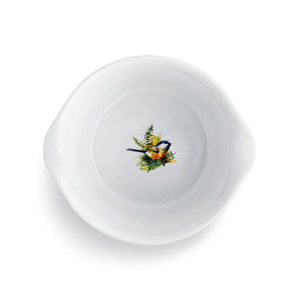 Image of bottom inside of appetizer bowl imprinted with the watercolor artwork of Chickadee and Ferns by artist Dean Crouser