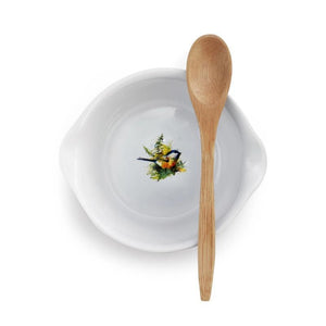 Chickadee and Ferns Appetizer Bowl with Bamboo Spoon featuring watercolor artwork by artist Dean Crouser