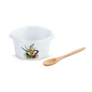 Chickadee and Ferns Appetizer Bowl with Bamboo Spoon featuring watercolor artwork by artist Dean Crouser