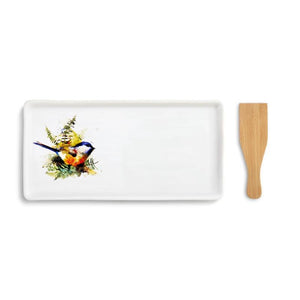 Chickadee and Ferns Appetizer Tray featuring watercolor artwork by artist Dean Crouser. Set includes a Bamboo Spatula