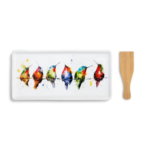 Hummers on a Wire Appetizer Tray featuring watercolor artwork by artist Dean Crouser. Set includes a Bamboo Spatula