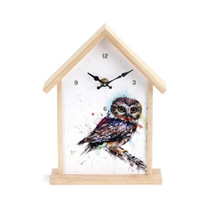 Saw Whet Owl Birdhouse Clock featuring watercolor artwork by artist Dean Crouser