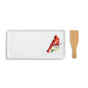 Spring Cardinal Appetizer Tray featuring watercolor artwork by artist Dean Crouser.  Tray includes a Bamboo Spatula in the set