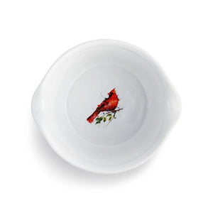 Image of the bottom inside of Spring Cardinal Appetizer Bowl featuring watercolor artwork by artist Dean Crouser
