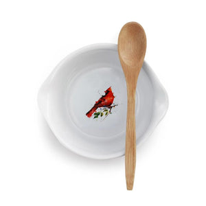 Spring Cardinal Appetizer Bowl with Bamboo Spoon featuring watercolor artwork by artist Dean Crouser