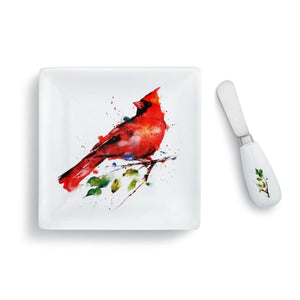 Dean Crouser Set of Spring Cardinal Plate with matching Spreader both featuring the watercolor artwork of artist Dean Crouser