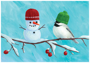 Chickadee and Snowman individual holiday Greeting Card