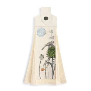 Life is Sweet Button Loop Tea Towel with off white linen color and bird on thistle illustration on the front