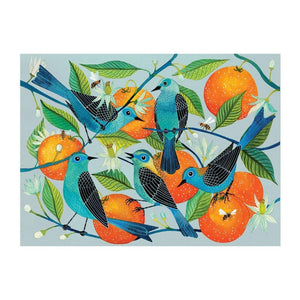 Illustrated artwork on the Avian Friends - Naranjas (Oranges) and Blue Birds 1000 piece Puzzle