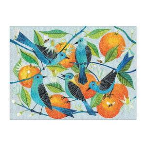 Avian Friends - Naranjas (Oranges) and Blue Birds 1000 piece Puzzle shown assembled