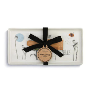 Nibbles Appetizer Tray with Spatula featuring illustration by artist Christine Anderson. The set is shown tied in a bow presented as giftable.