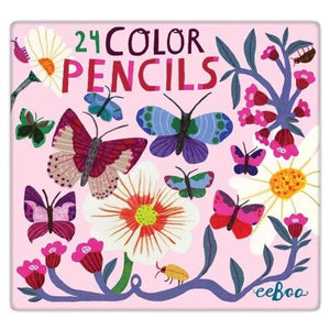 Butterflies and Flowers 24 Colored Pencils in Tin