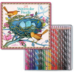 Bird's Nest 24 Watercolor Pencils Tin with all colored pencils shown