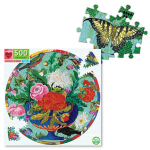 Bouquet & Birds 500 Piece Round Puzzle with zoomed in image of butterfly