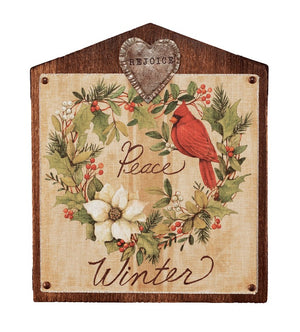 Winter 13 inch Bird Illustration Wall Art with Red Cardinal and White Poinsettia