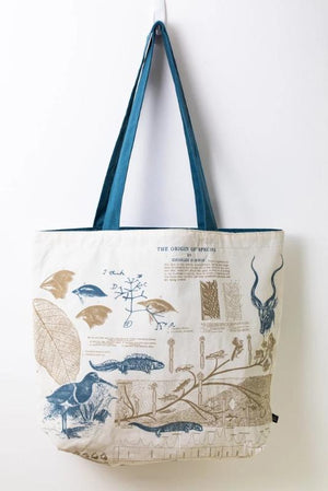 Evolutionary Biology Canvas Shoulder Tote showing blue straps and front side image