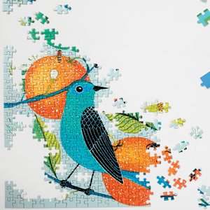Avian Friends - Naranjas (Oranges) and Blue Birds 1000 piece Puzzle shown partially assembled