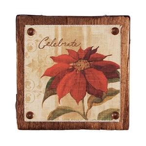 Celebrate Pinewood Block Tile Wall Art 5" Poinsettia
